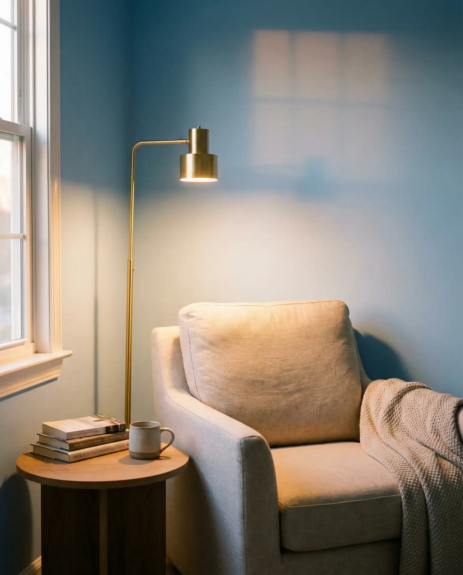 Blue Walls with Warm Brass Lighting 1