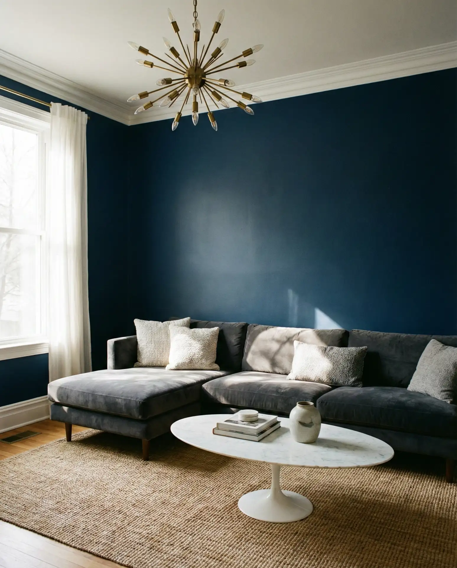 Blue Walls with Warm Brass Lighting 2