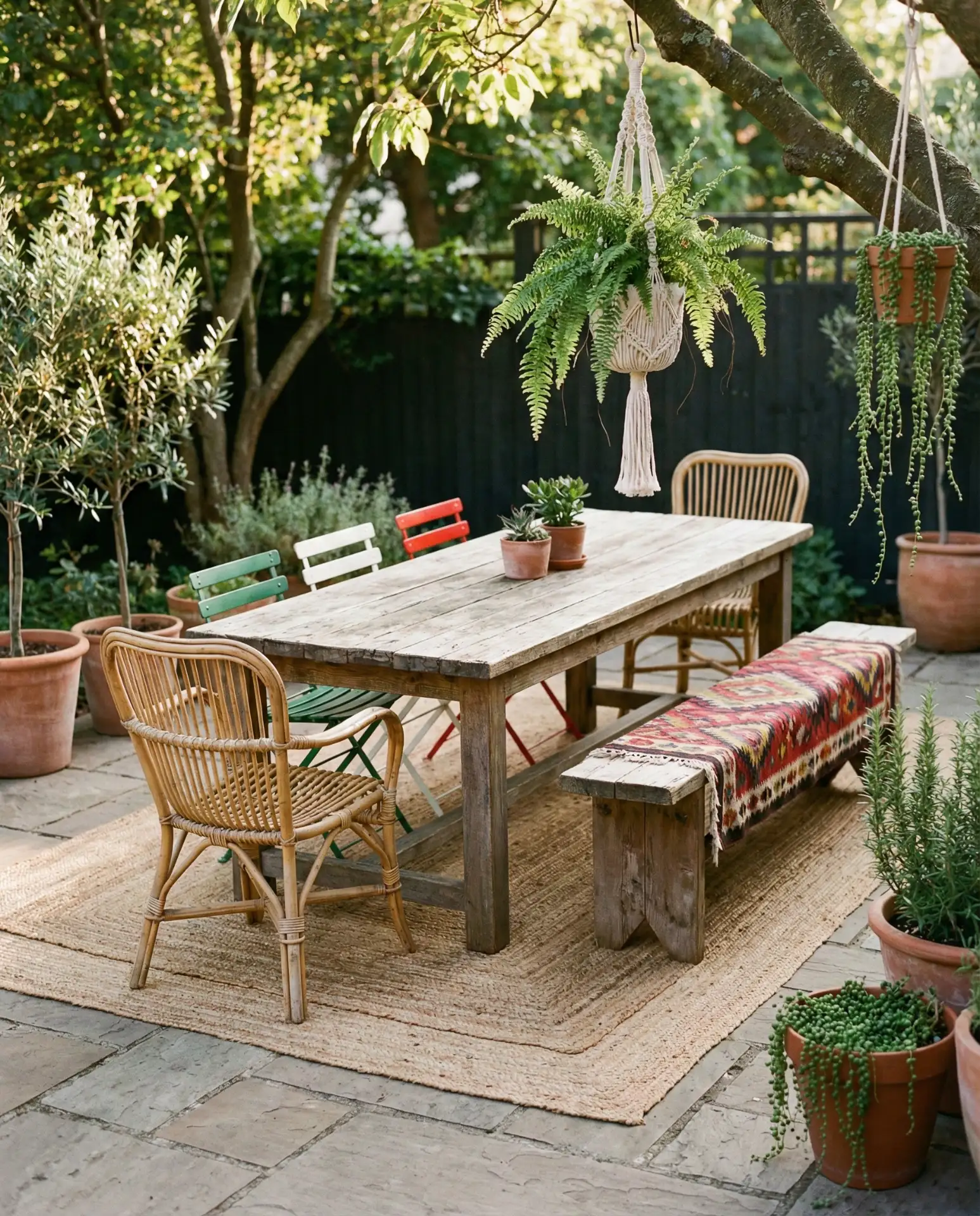 Bohemian Outdoor Dining Area with Mixed Seating 1