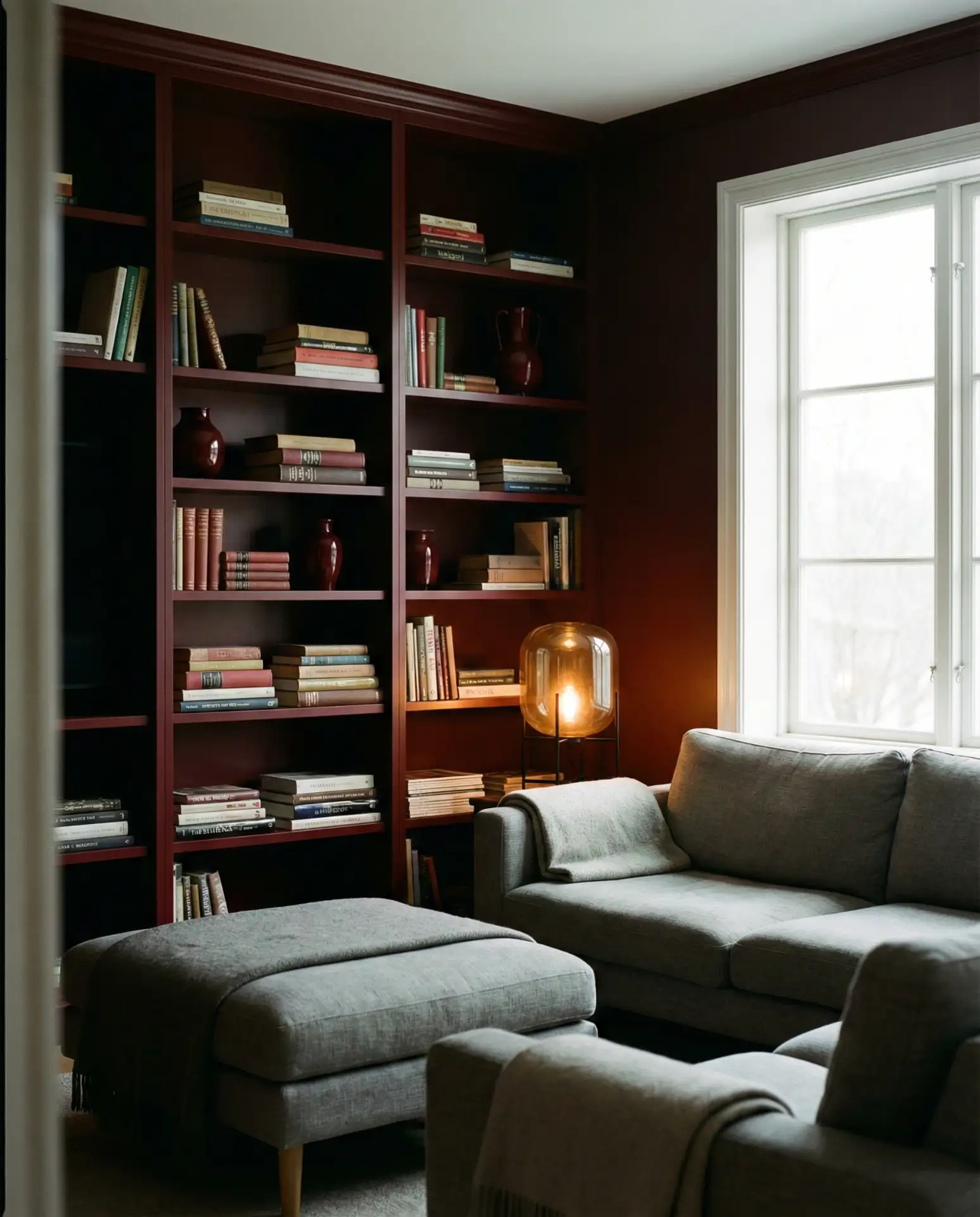 Burgundy and Grey Living Room 1