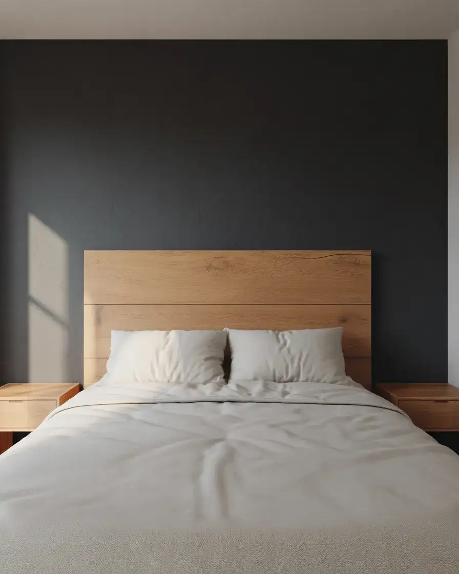 Charcoal Feature Wall with Natural Wood Headboard 1