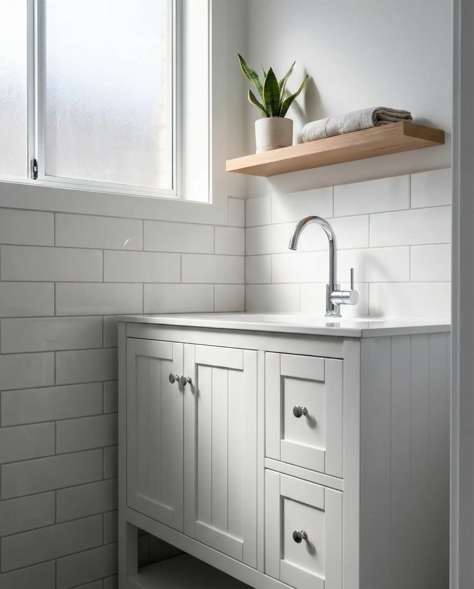 Classic White Vanity with Subway Tile 1