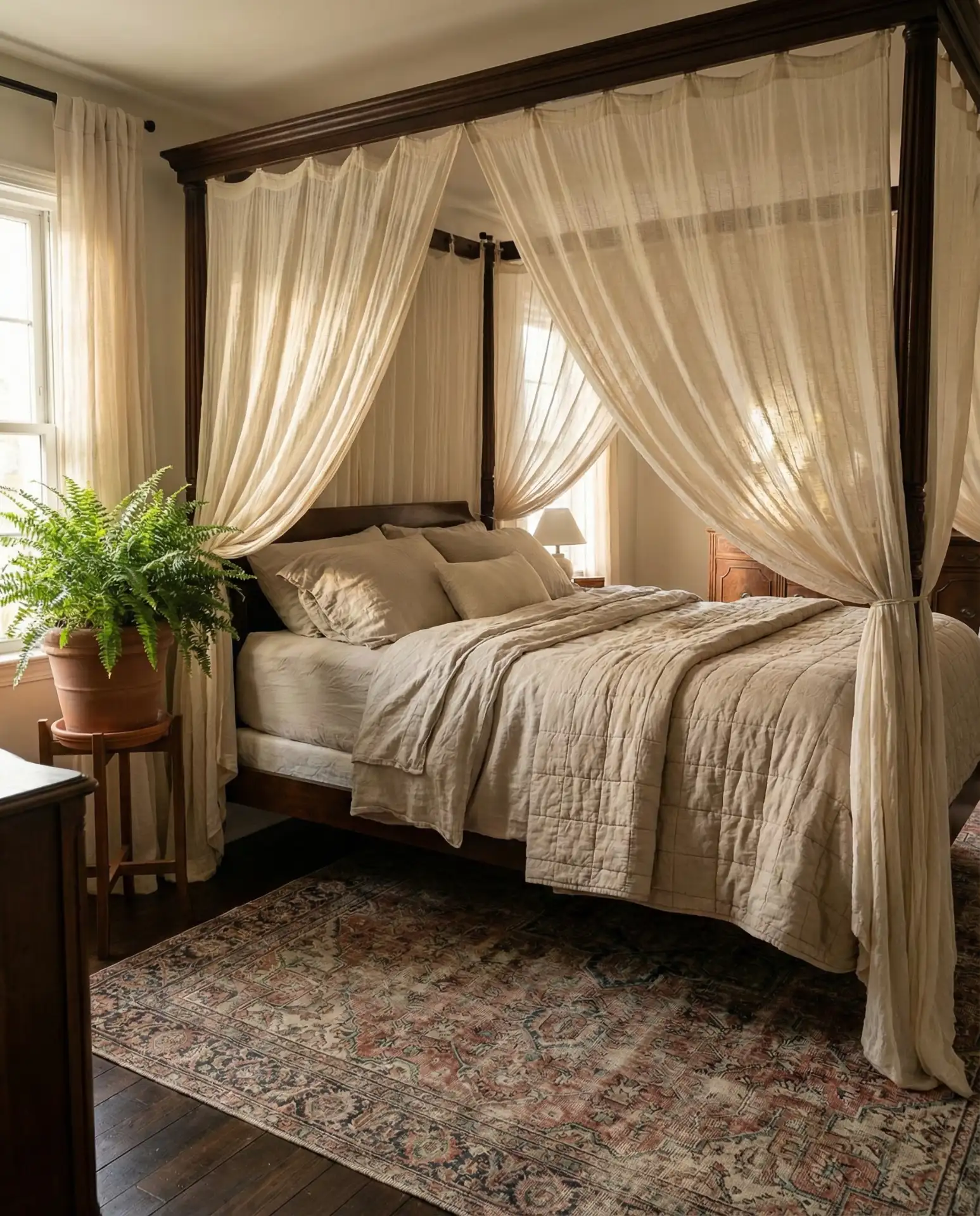Classical Canopy Bed with Sheer Drapes 2