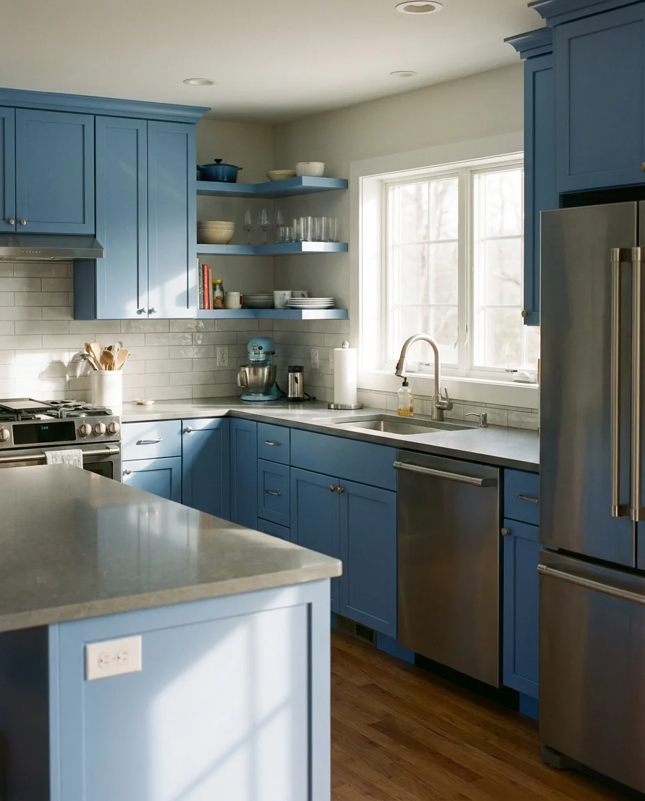 Cornflower Blue Kitchen with Grey Countertops 1