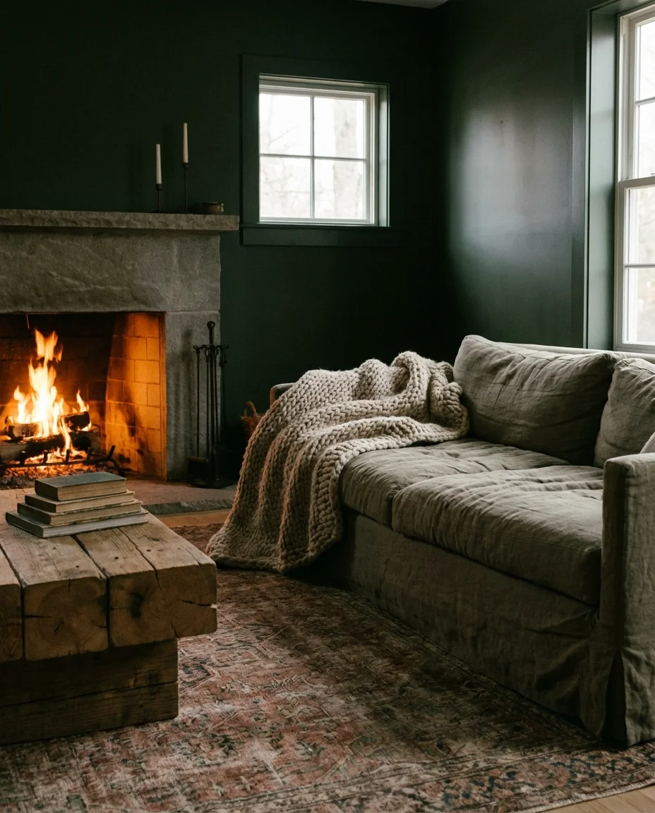 Cozy Green Living Room With Fireplace 1