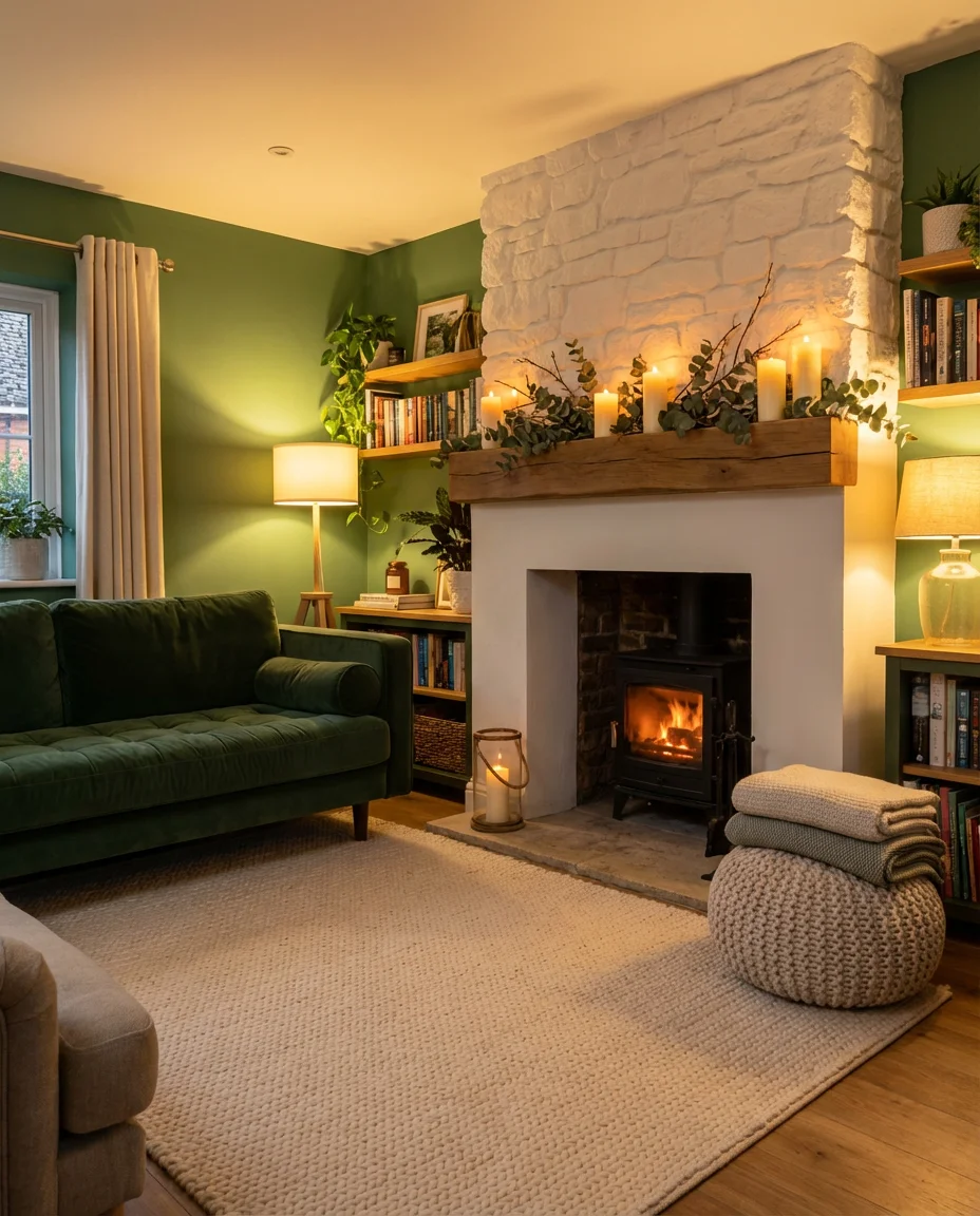 Cozy Green Living Room With Fireplace 2