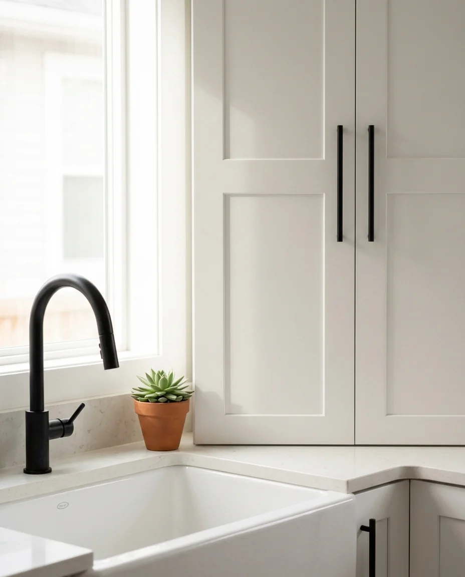 Crisp White Cabinets with Black Matte Fixtures 2