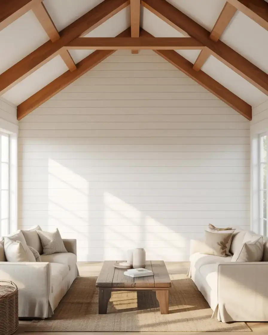 Crisp White Shiplap in a Vaulted Ceiling Living Room 1