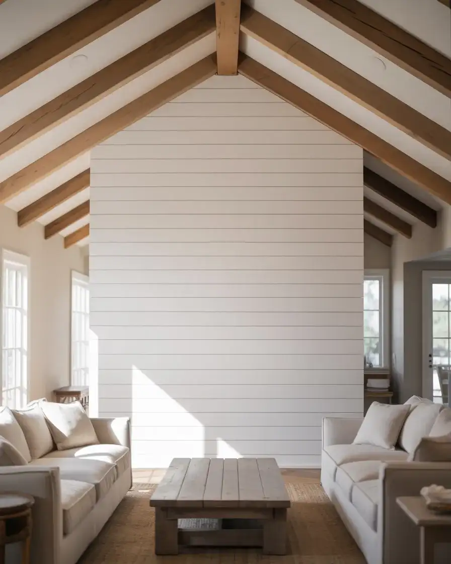 Crisp White Shiplap in a Vaulted Ceiling Living Room 2