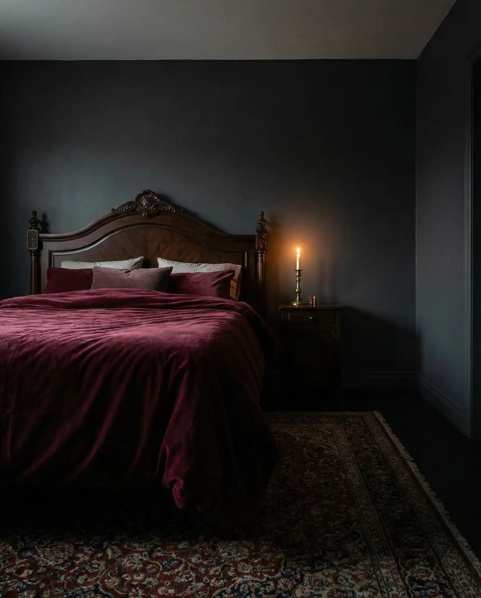 Dark Moody Bedroom With Velvet and Candlelight 1