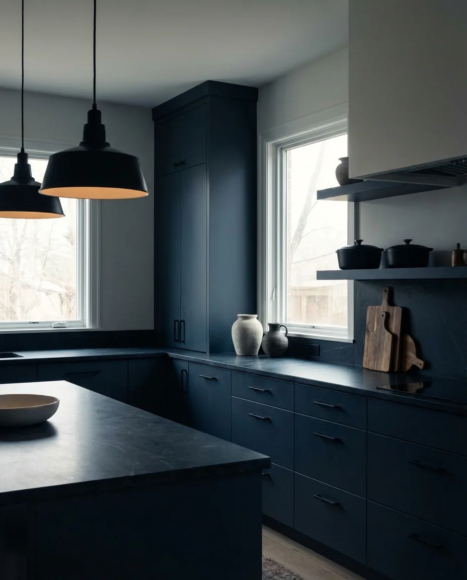 Dark Moody Blue Kitchen with Black Accents 1