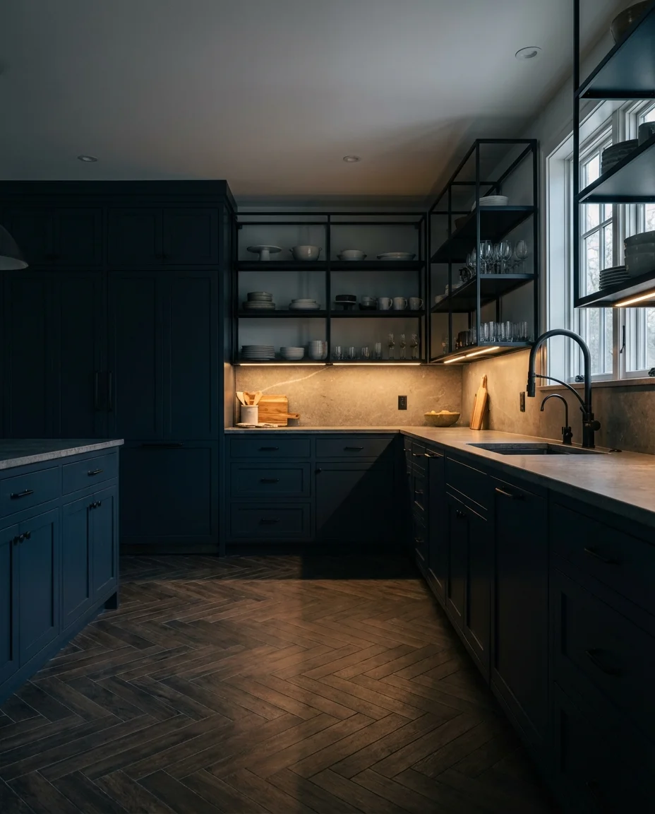 Dark Moody Blue Kitchen with Black Accents 2