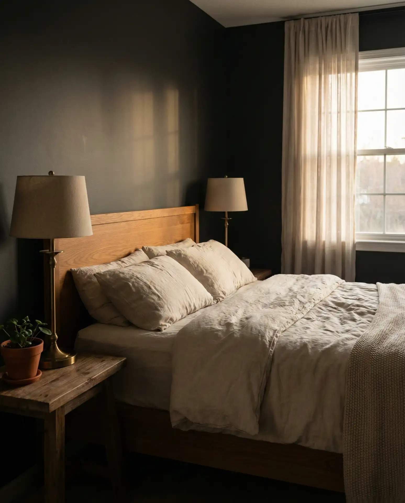 Dark Moody Walls with Warm Wood Furniture 1