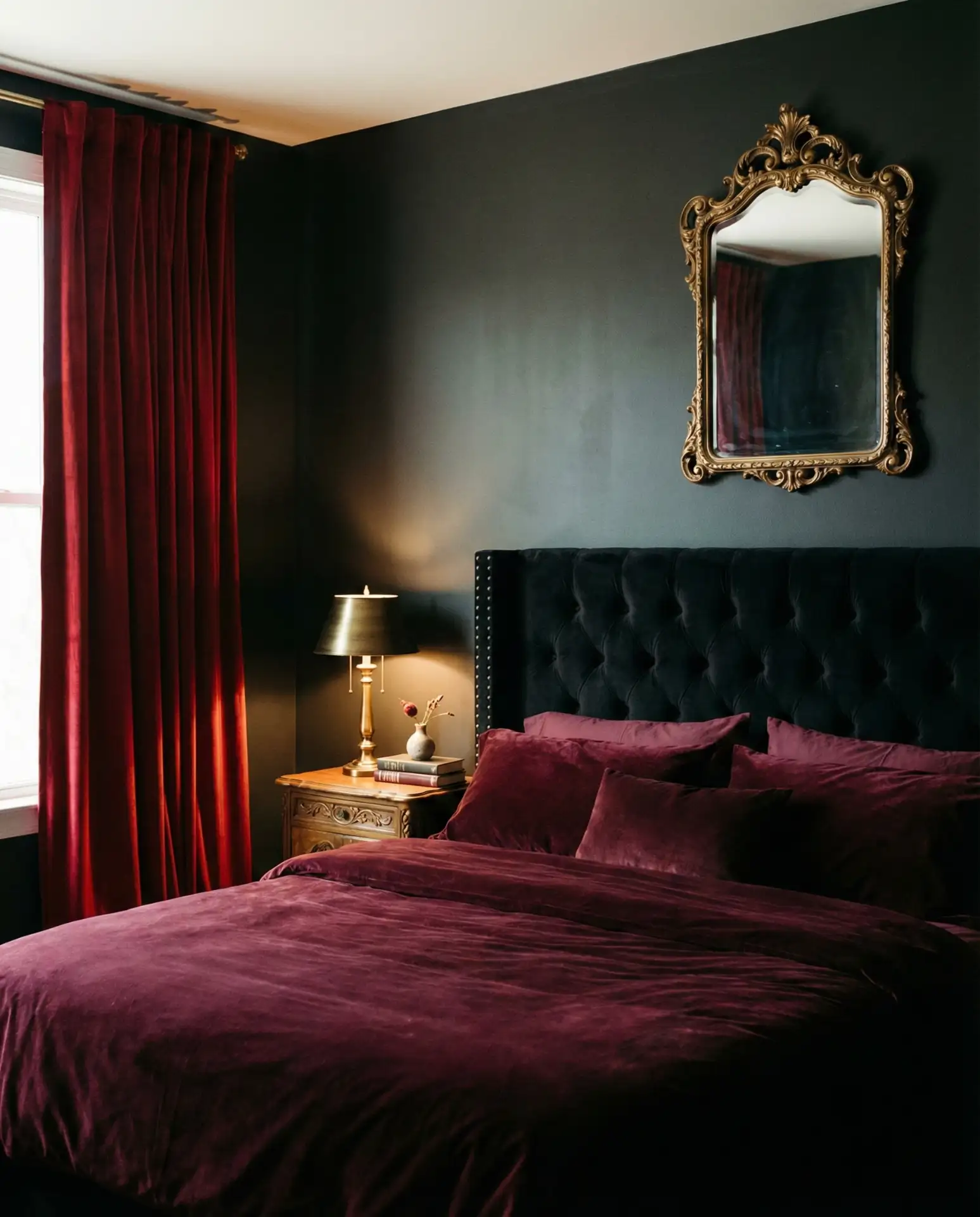 Dark Romantic Bedroom in Burgundy and Black 1