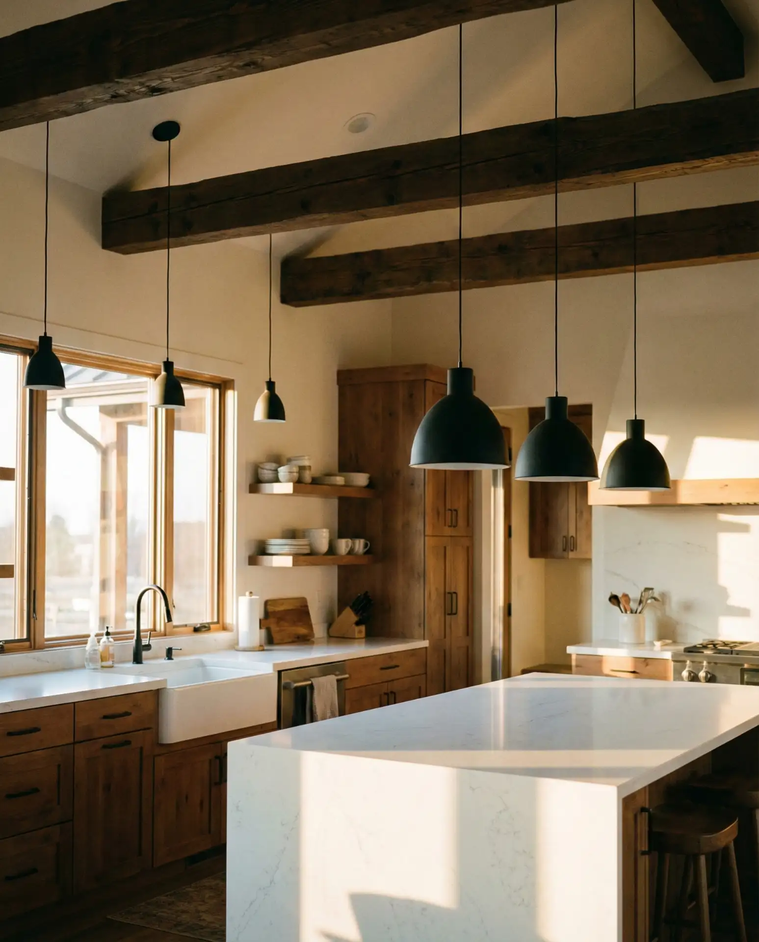 Dark Wood Beam Ceiling with Modern Lighting 2