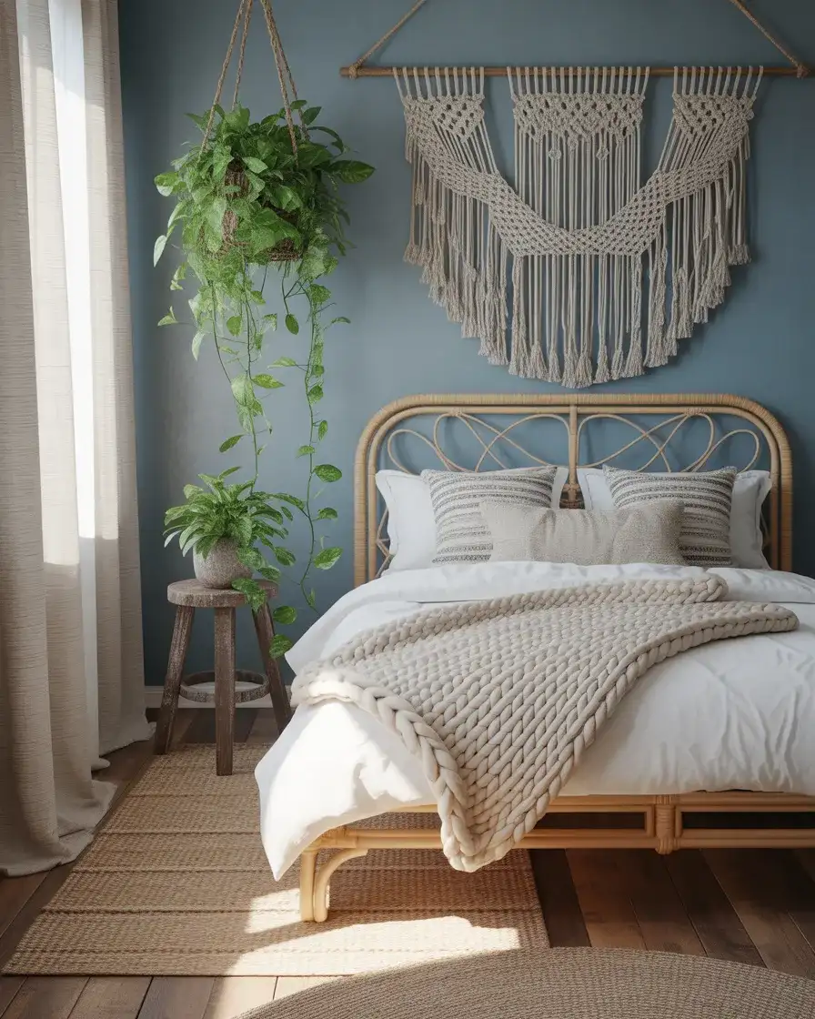 Dusty Blue Boho Bedroom with Macramé and Rattan 1