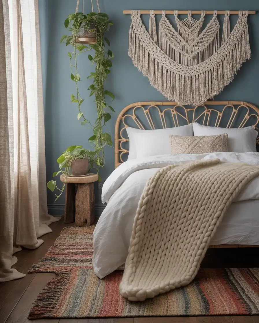 Dusty Blue Boho Bedroom with Macramé and Rattan 2