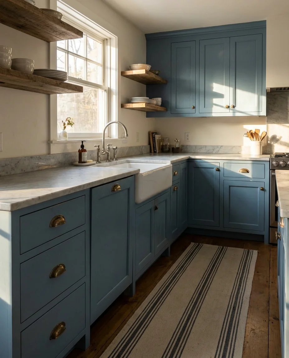 Dusty Blue Kitchen with Aged Brass Hardware 1