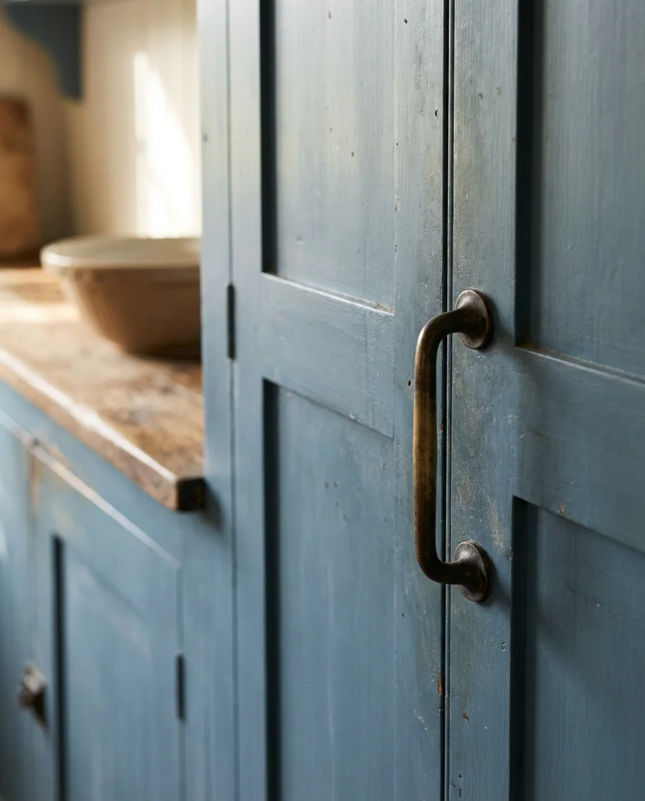 Dusty Blue Kitchen with Aged Brass Hardware 2