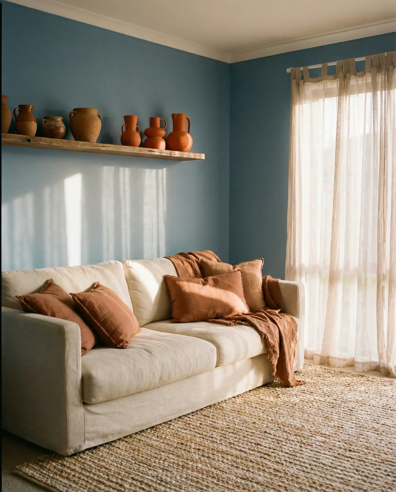 Dusty Blue and Terracotta Living Room 1