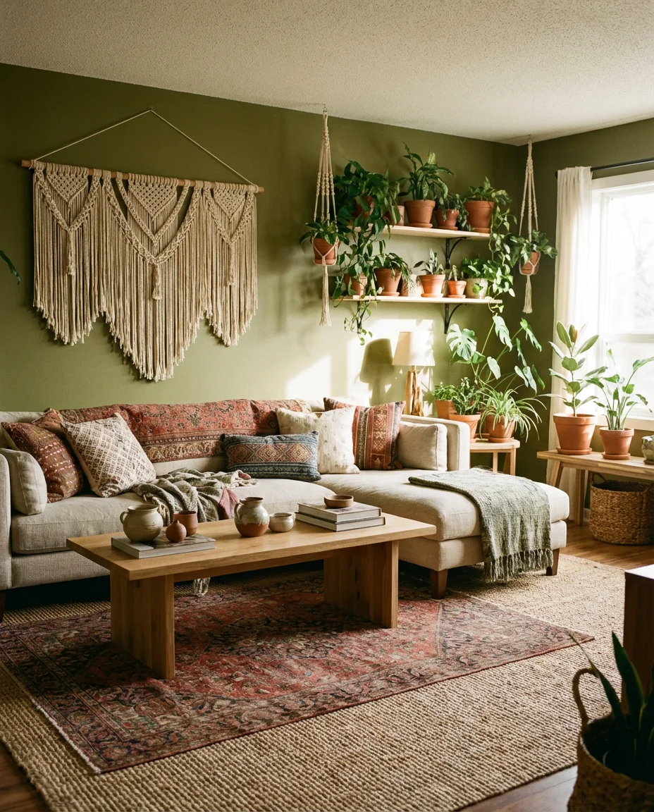 Earthy Green Bohemian Living Room 1