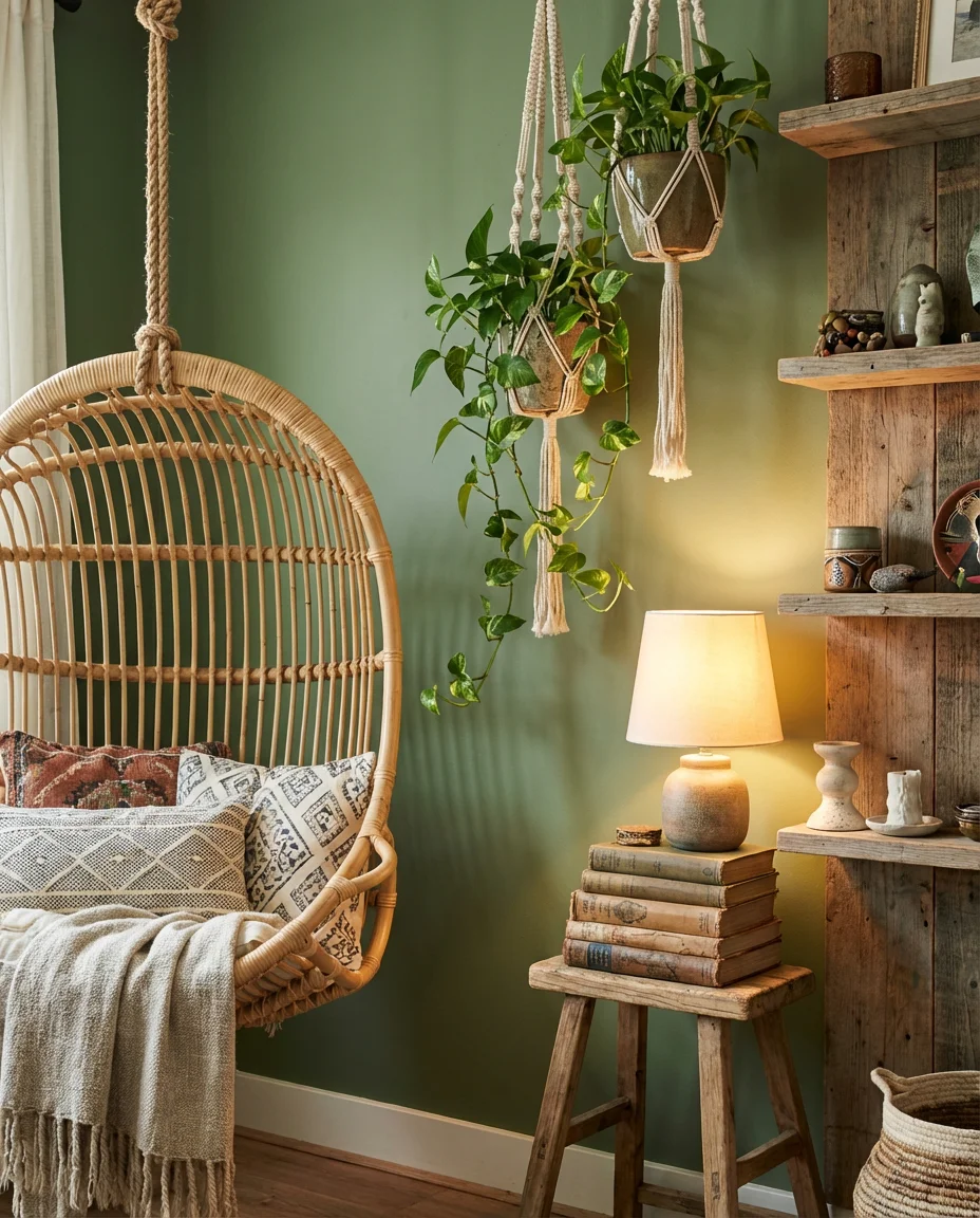 Earthy Green Bohemian Living Room 2