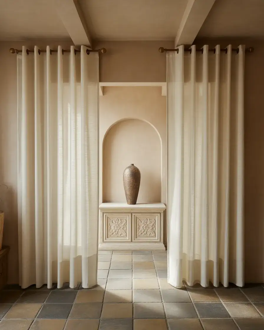 Elegant High Ceiling Entry with Drapery Panels 1