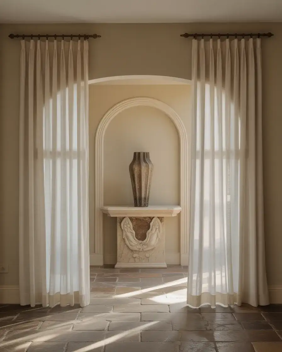 Elegant High Ceiling Entry with Drapery Panels 2
