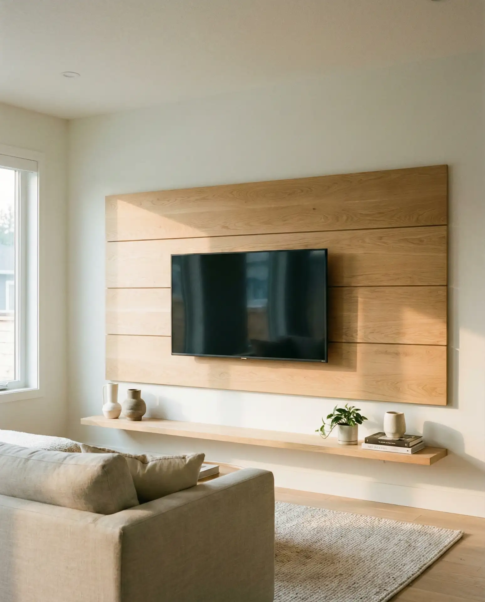 Floating Wood Panel TV Wall 2