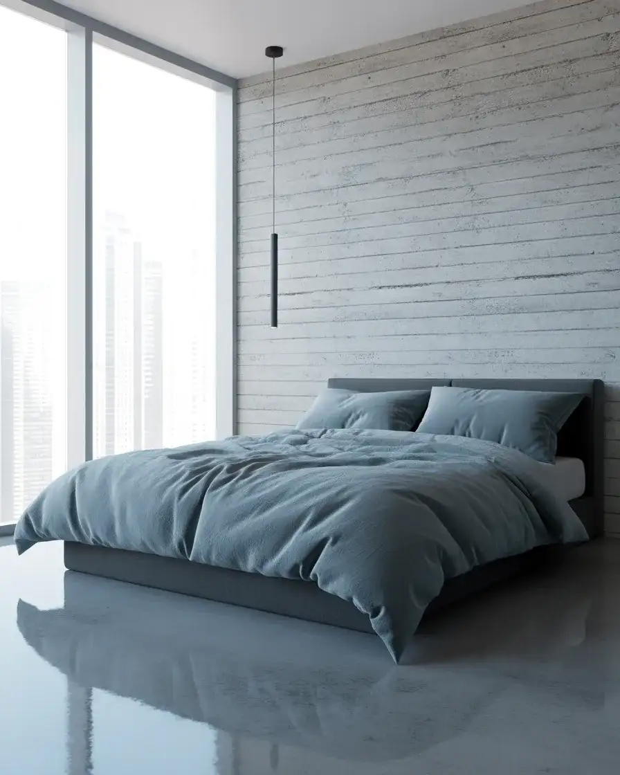 Gray and Blue Contemporary Bedroom with Concrete Accents 1