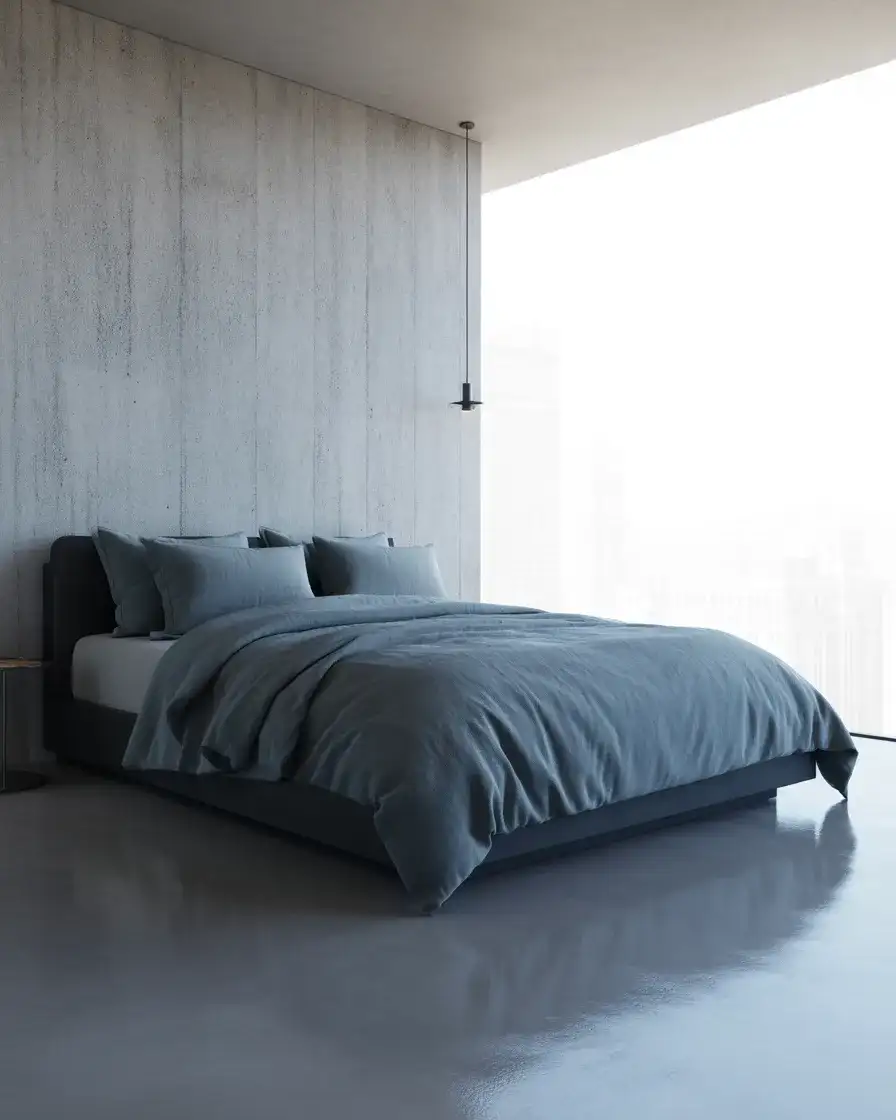 Gray and Blue Contemporary Bedroom with Concrete Accents 2