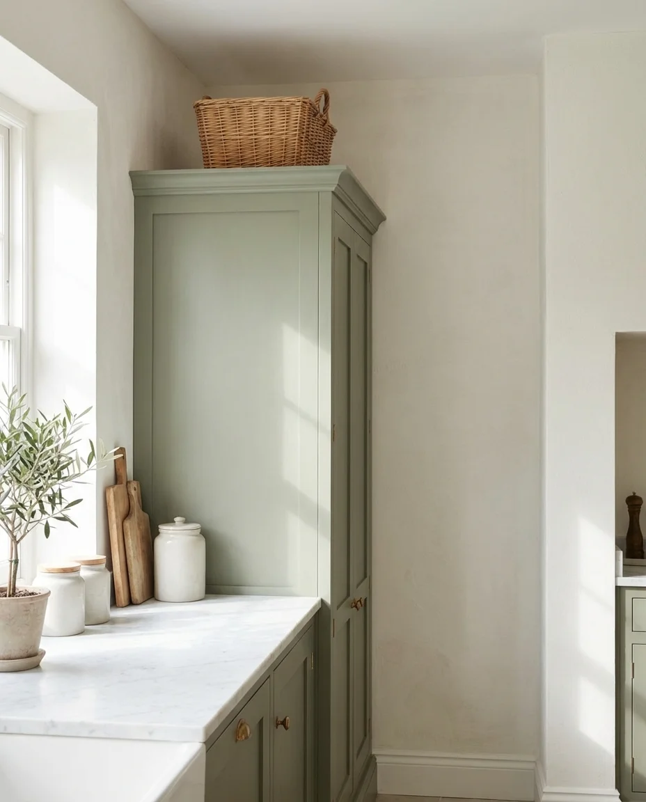 Green Pantry Cabinet in a Bright Kitchen 1