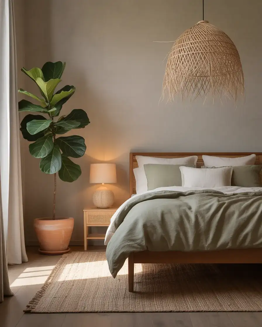 Green and Grey Bedroom with Biophilic Warmth 1