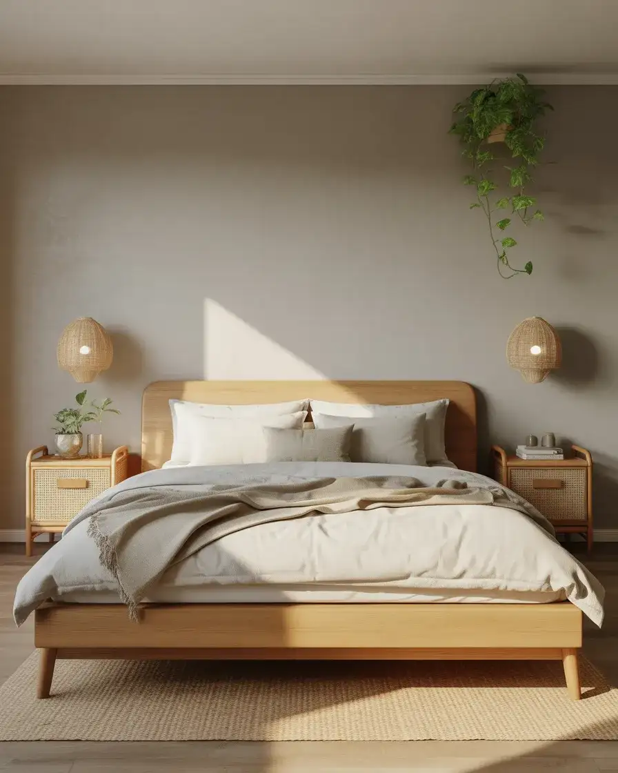 Grey Bedroom with Warm Wood Furniture and Natural Materials 1