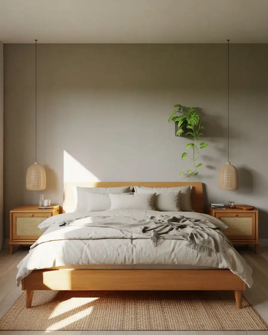 Grey Bedroom with Warm Wood Furniture and Natural Materials 2