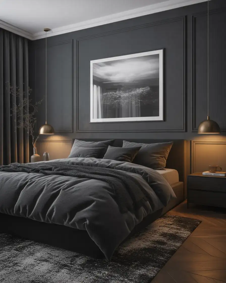 Grey and Black Bedroom with Dramatic Depth 1