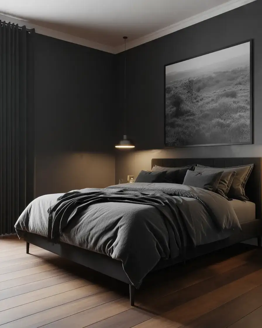 Grey and Black Bedroom with Dramatic Depth 2