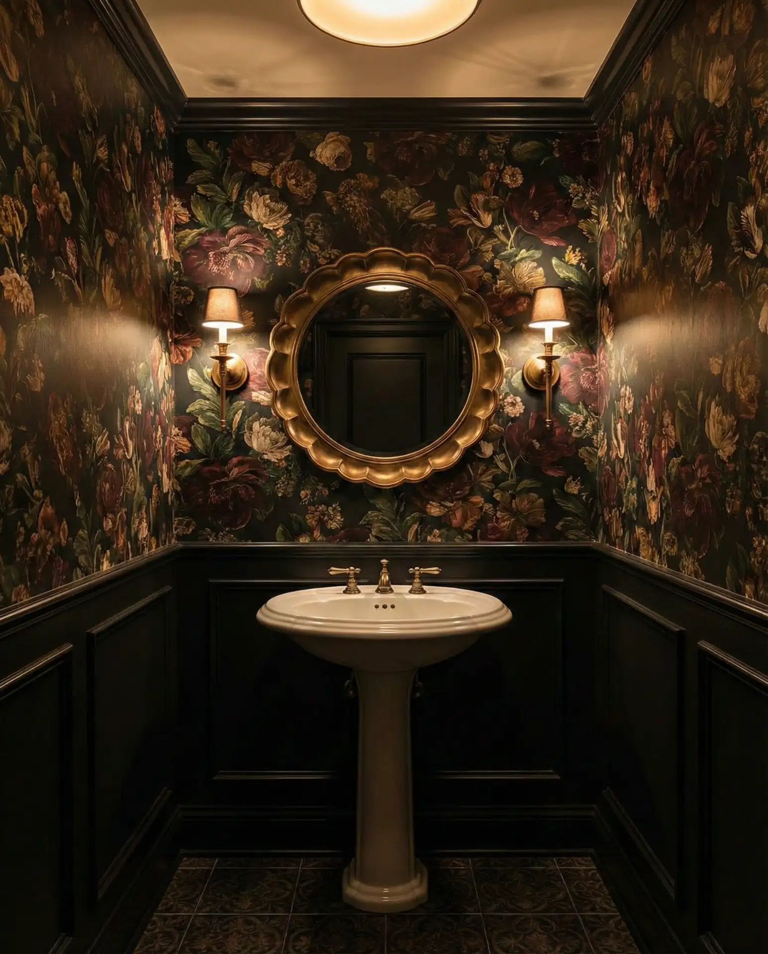 Half Bathroom With Bold Wallpaper and a Statement Mirror 1