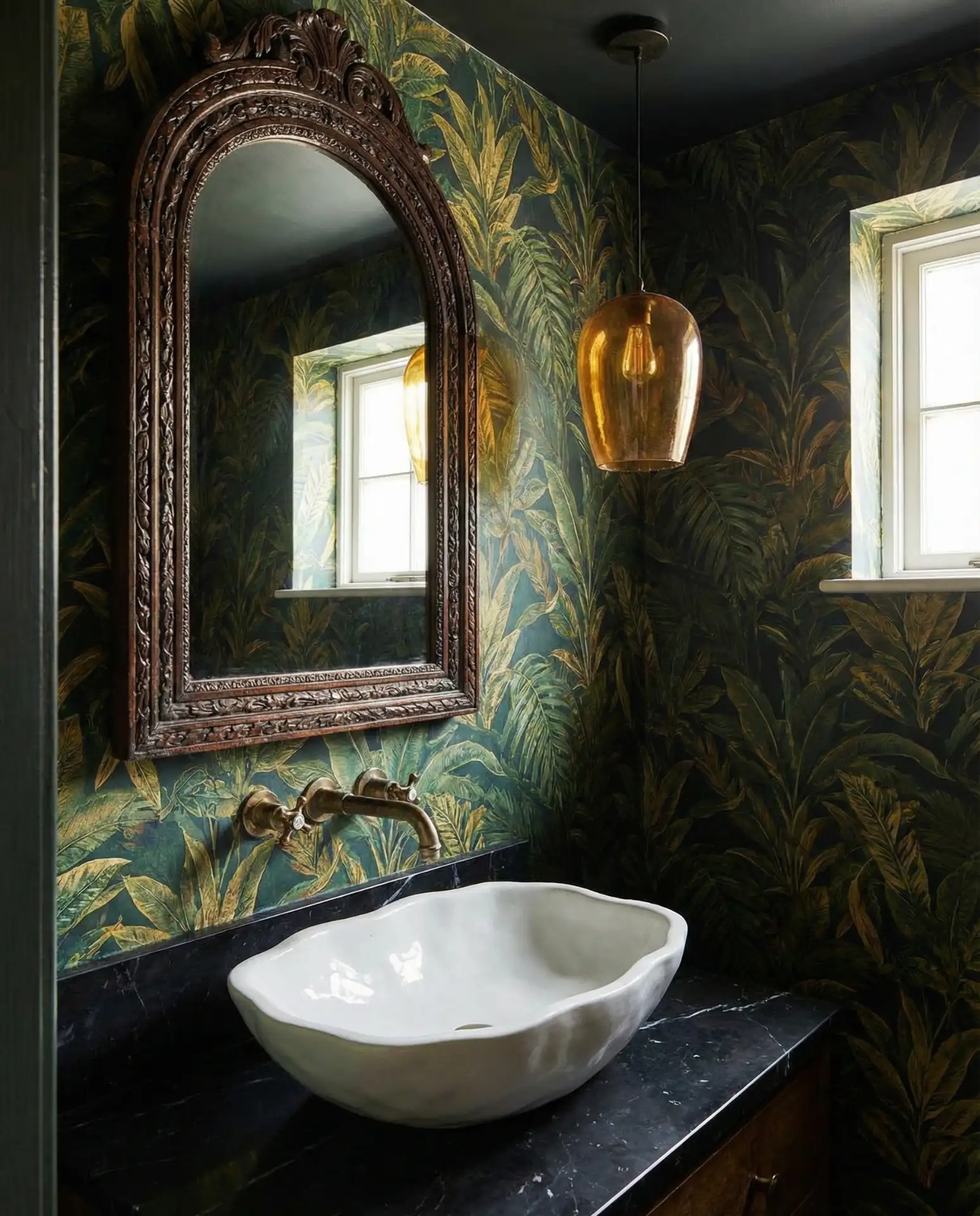 Half Bathroom With Bold Wallpaper and a Statement Mirror 2