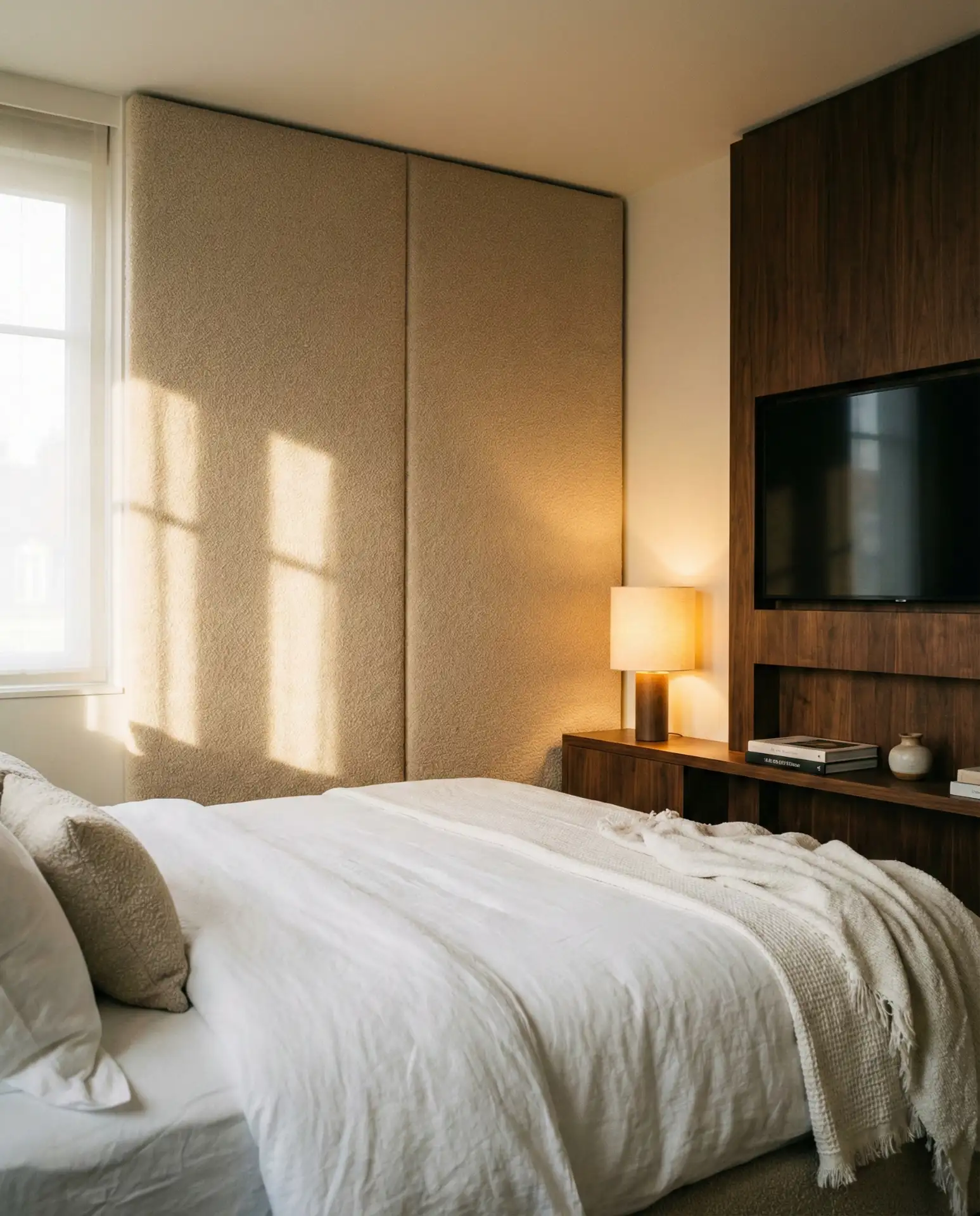 Hotel-Inspired TV Wall with Upholstered Headboard Panel 1