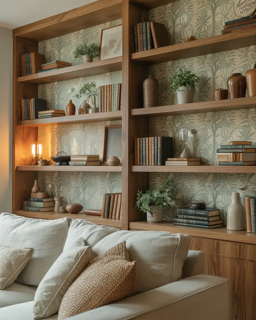 Ideas with Patterned Wallpaper Behind Shelving 1