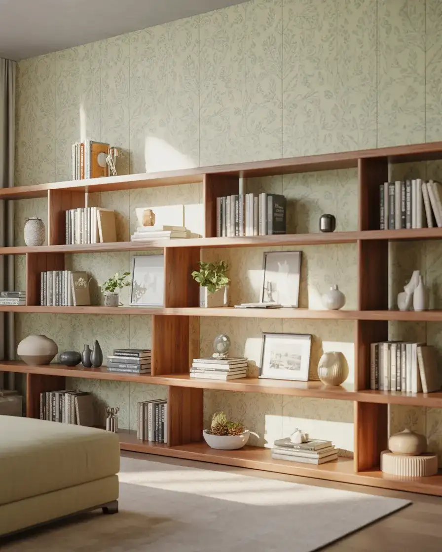 Ideas with Patterned Wallpaper Behind Shelving 2