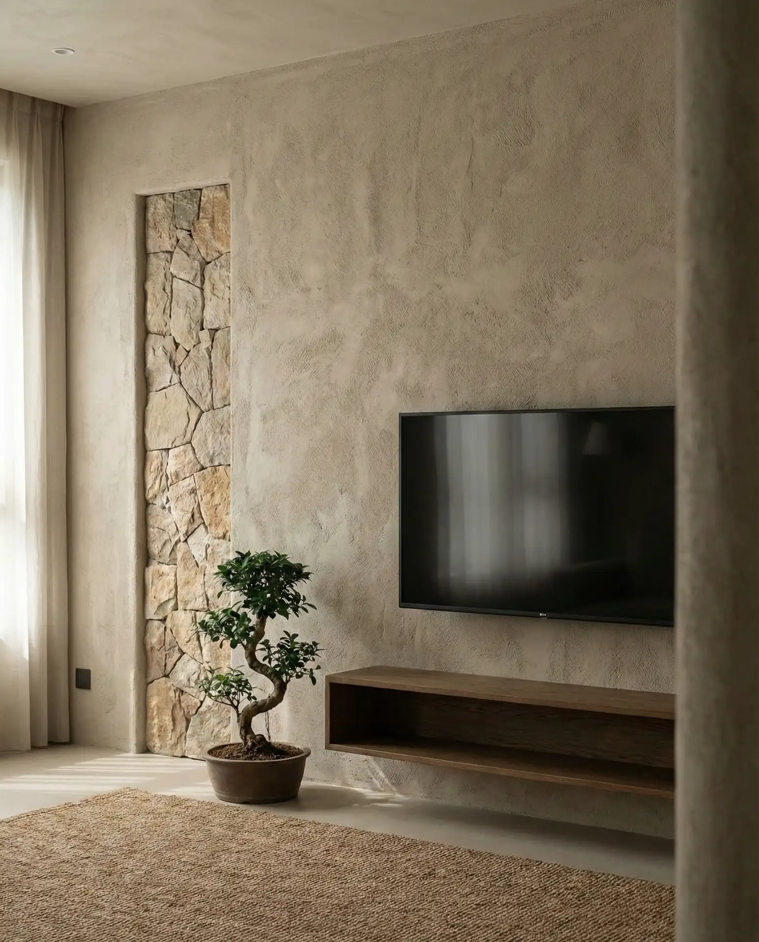 Japandi TV Wall with Zen Stone Accents 1
