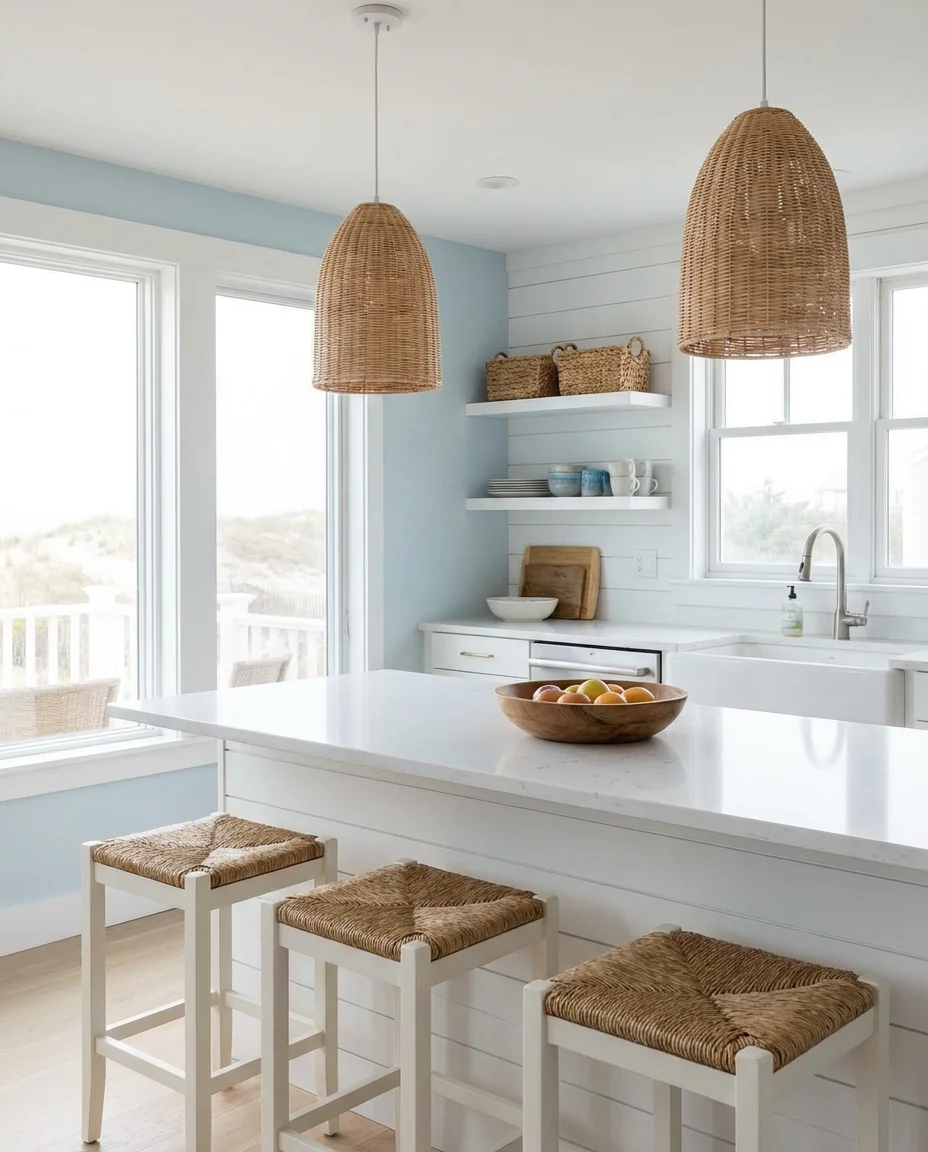 Light Blue Coastal Kitchen with Woven Textures 1