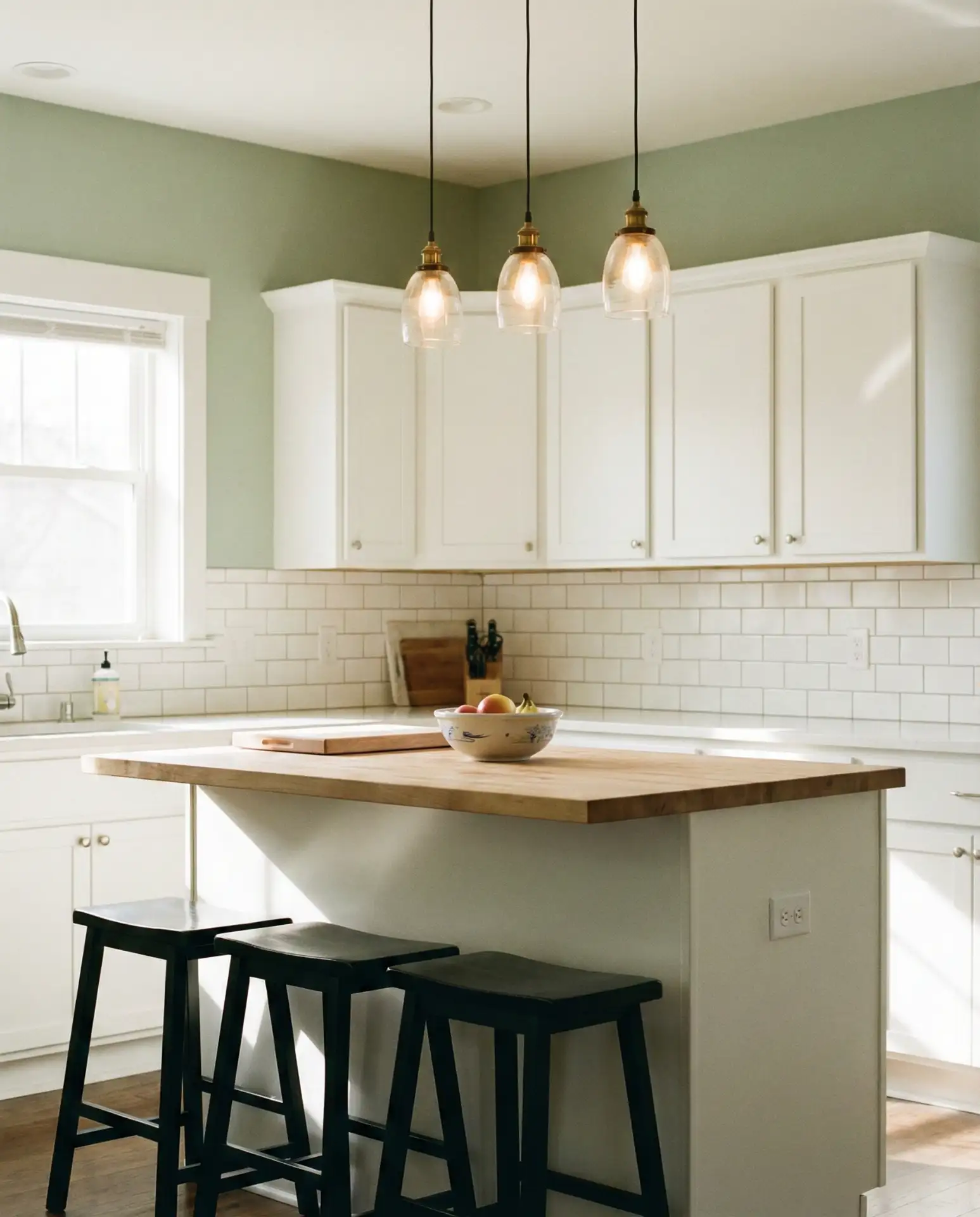 Light Sage Green Walls with White Cabinets 1