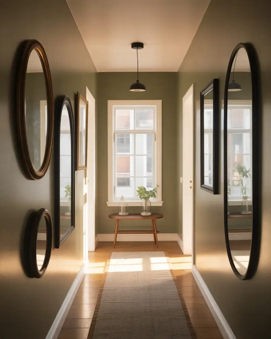 Long Hallway Entryway with Mirrored Accents 1