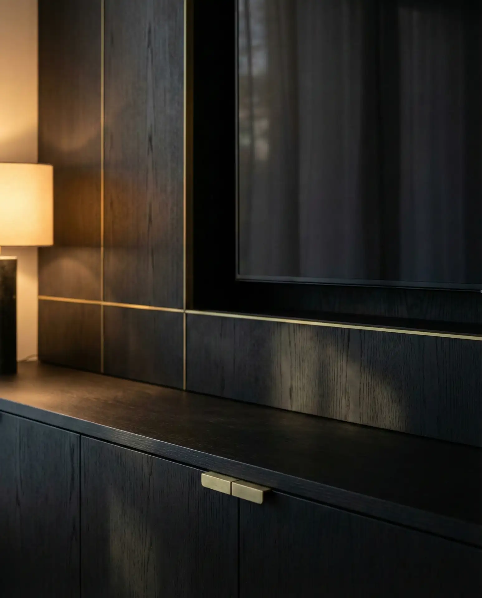 Luxury TV Wall with Brass and Dark Veneer 2
