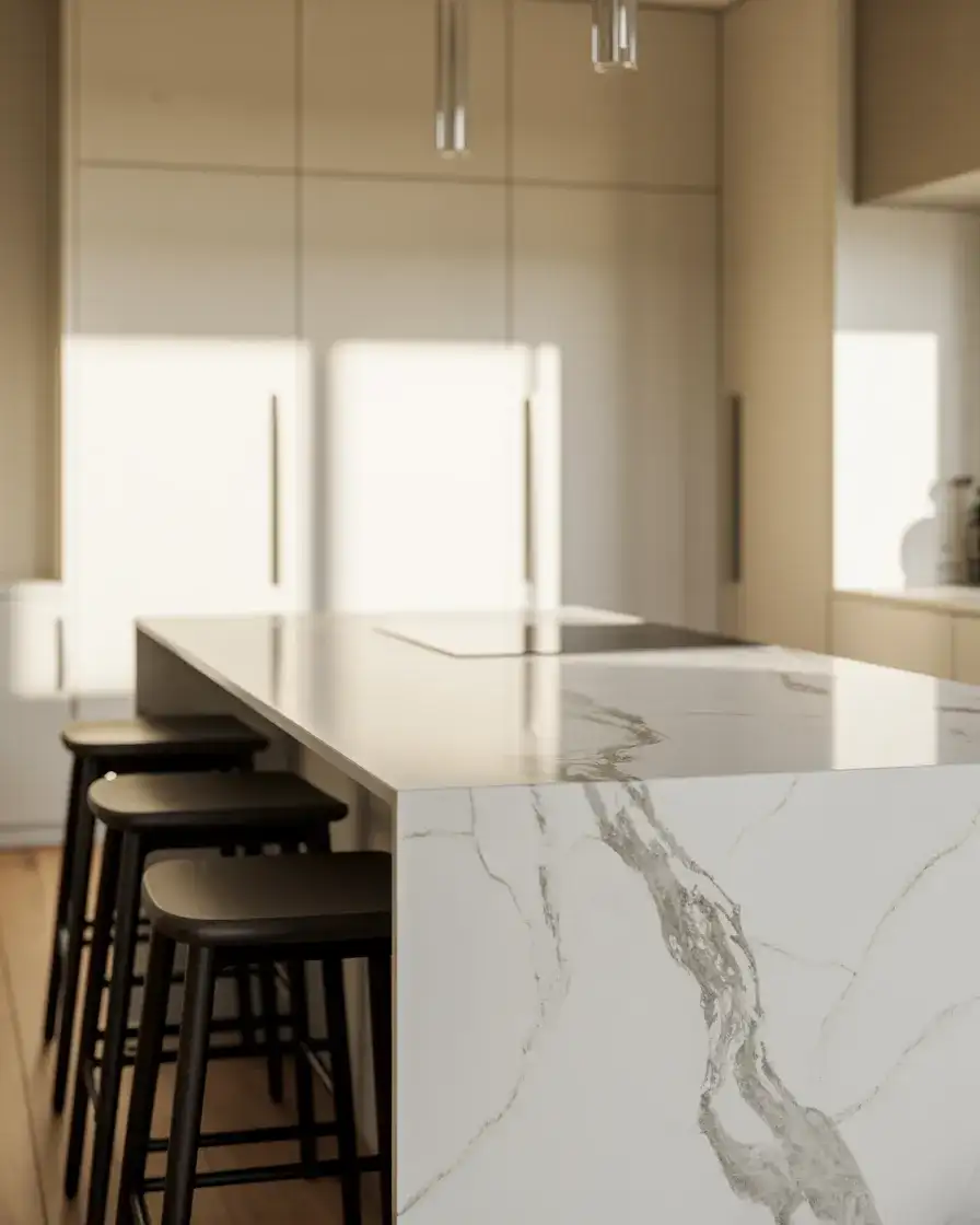 Marble Island with Black Metal Stools 1