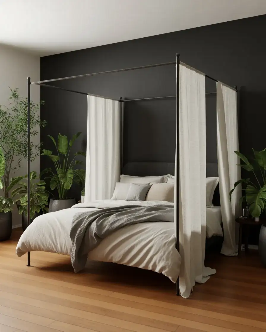 Matte Black Wall Behind a Canopy Bed Frame 1