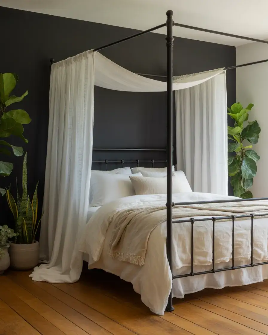 Matte Black Wall Behind a Canopy Bed Frame 2